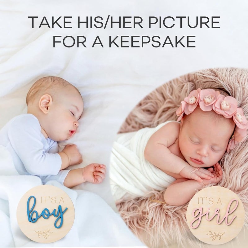 Giftacity Gender Reveal Sign for Baby Birth: 3Pcs It's A Boy Girl & Hello World Announcement Sign for Hospital - Wooden Newborn Welcome Board for New Boys and Girls - Image 2